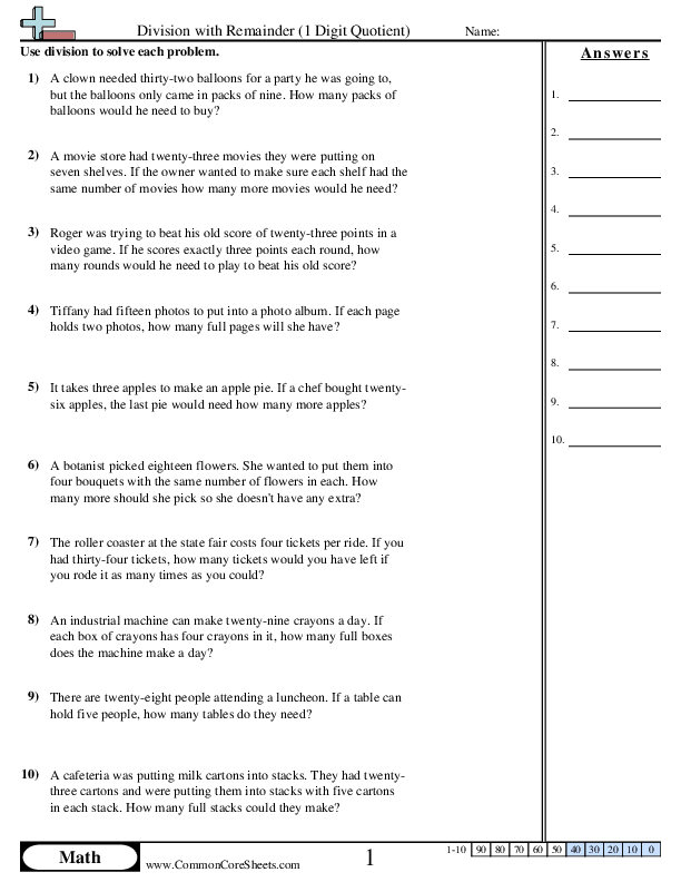 Division Worksheets - 1 Digit Quotient (with remainder) worksheet